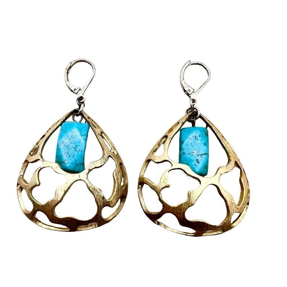 Gold and turquoise tone metallic mixed media teardrop dangle drop earrings